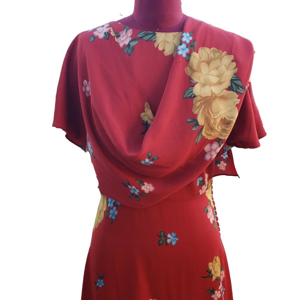 Magda Butrym Dress Red Floral Silk Short Sleeves Asymmetric Hem Midi 38 - Picture 2 of 10
